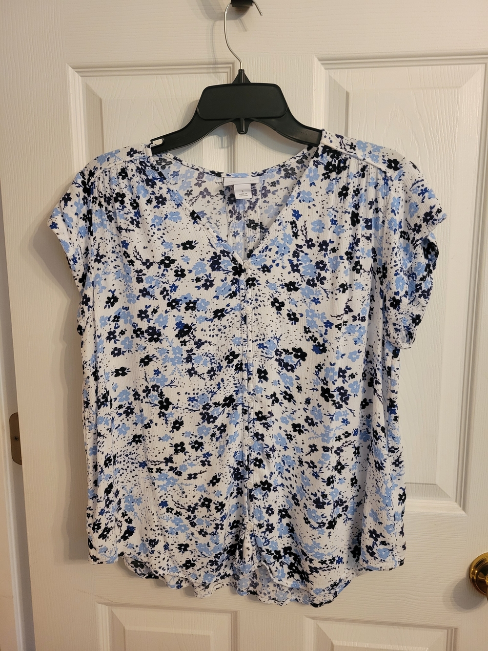 Liz Claiborne Floral Button Front Blouse in White & Blue Size Large